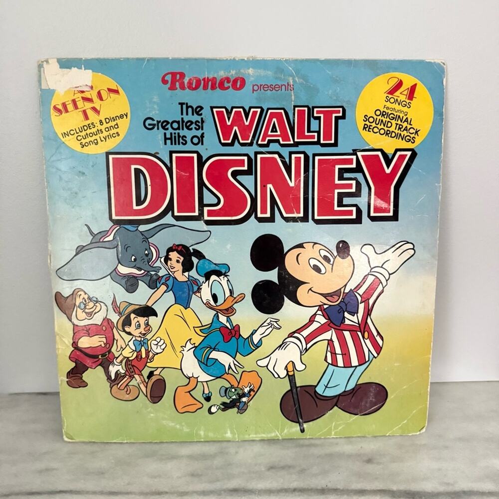 Vintage Ronco Records The Greatest Hits Of Walt Disney 1976 Vinyl Record 24 Song